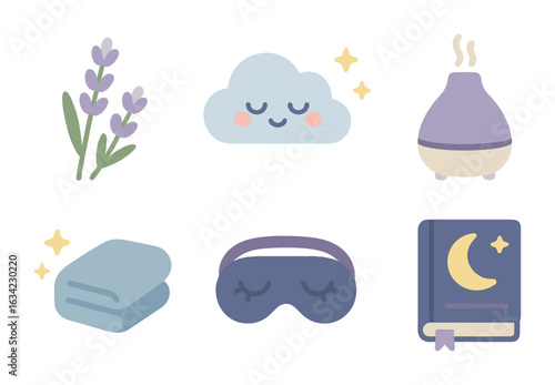 Sleep Essentials Icons. Flat vector mini-illustrations essential oils for sleep in colors children's
