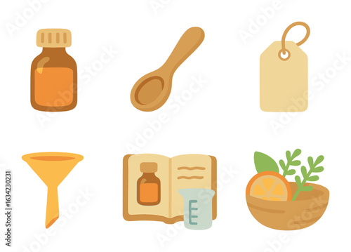 DIY Essential Oil Kit. Flat vector mini-illustrations DIY essential oil blends in colors children's