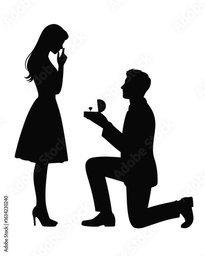 Man proposing to woman with diamond ring in silhouette