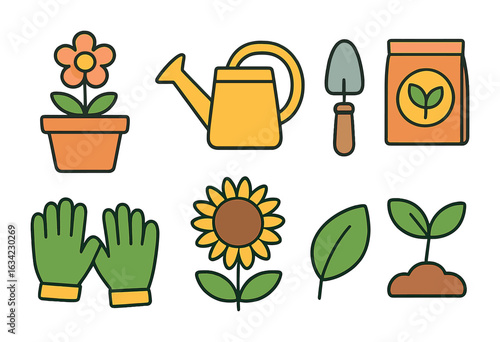 Gardening Tools Icons. Flat vector mini-illustrations gardening and plant care hobbies in colors children's