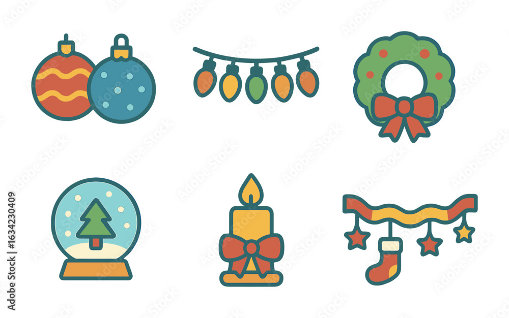 Naklejka premium Winter Holiday Icons. Flat vector mini-illustrations winter holiday decorations in colors children's