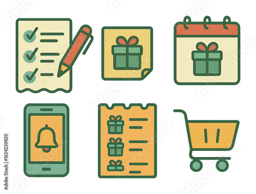 Holiday Shopping Icons. Flat vector mini-illustrations holiday shopping list in colors children's