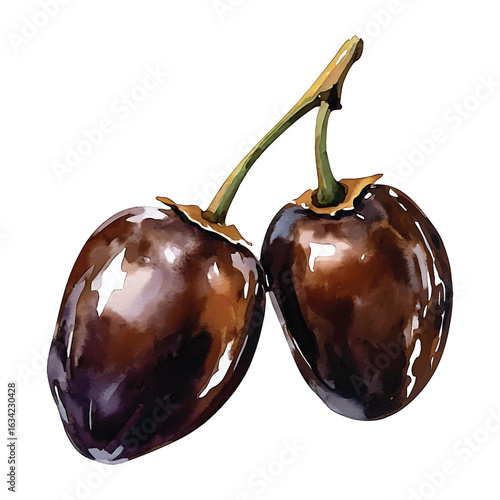 Watercolor Painting of Two Dark Ripe Plums on a Stem fruit food watercolor.vector transparent background cutout