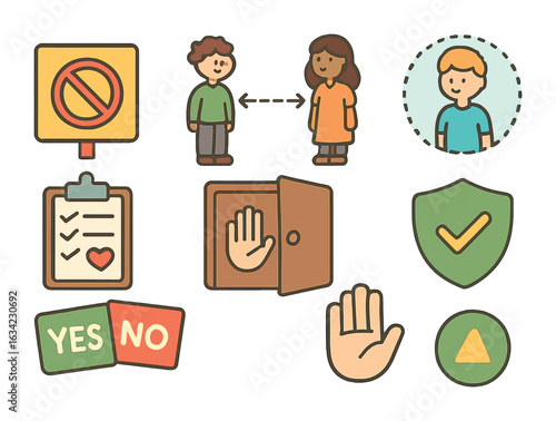 Boundary Icons for Kids. Flat vector mini-illustrations setting relationship boundaries in colors children's