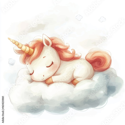 a cute Chibi unicorn sleeping on a fluffy cloud