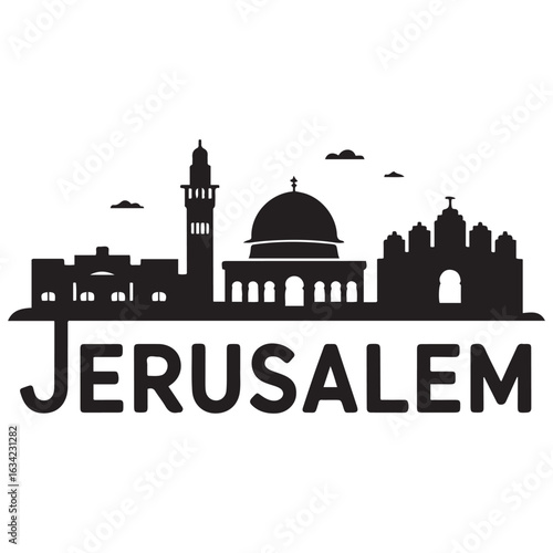 Vector Jerusalem skyline. Travel Jerusalem famous landmarks. Business and tourism concept for presentation, banner, web site. Vector black silhouette. with white background.