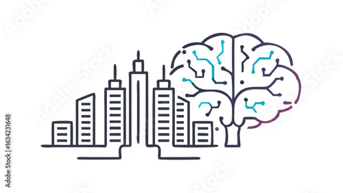 City skyline merges with brain illustration representing urban innovation and technology advancement in modern society