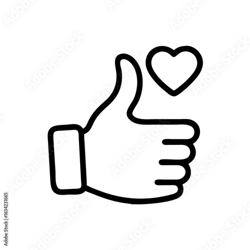 Hand gesture expressing approval and love, featuring a thumbs-up symbol and a heart icon, representing positive emotions commonly found in digital communication