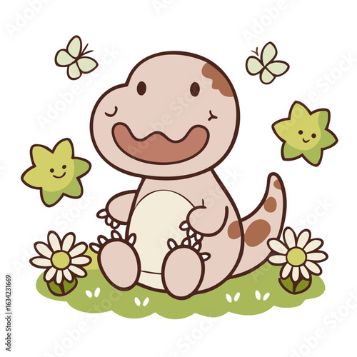 Cute dinosaur enjoying a sunny day surrounded by flowers and butterflies in a cheerful garden setting