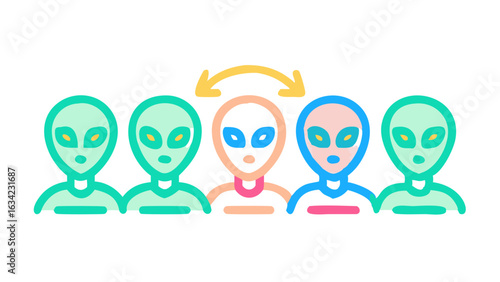 Group of colorful alien characters interacting in a whimsical design at an abstract setting