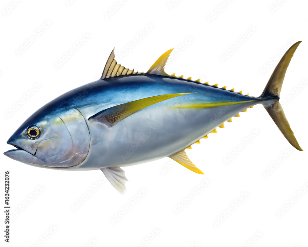Naklejka premium Illustration of a tuna fish with blue and silver body and yellow fins on a black background
