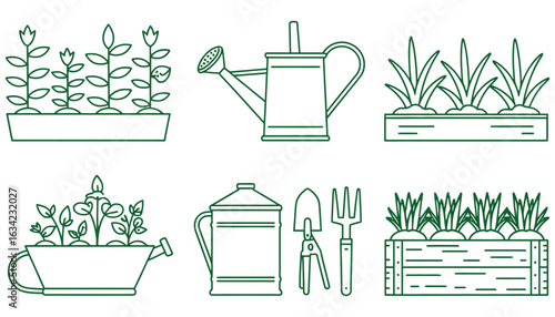 A vector icon collection of gardening tools including
