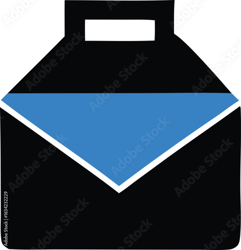 Abstract geometric illustration of a black briefcase with a striking blue diagonal stripe across its front panel