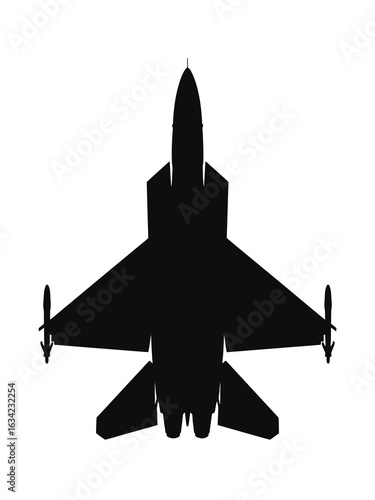 Silhouette of a modern fighter jet viewed from directly above