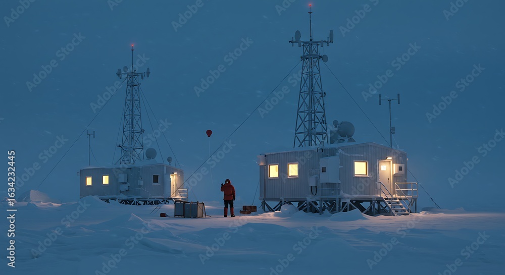 Fototapeta premium Antarctic Research Station at Night: Illuminated Structures in the Frozen Landscape
