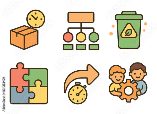 Lean Strategies Icons. Flat vector mini-illustrations lean manufacturing strategies in colors children's