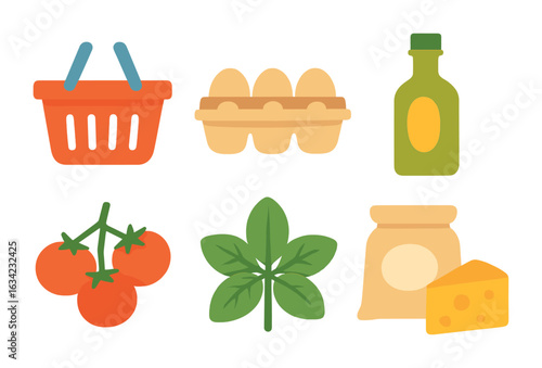 Pasta Ingredient Icons. Flat vector mini-illustrations pasta ingredient shopping in colors children's