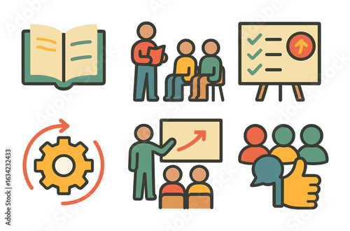 Team Training Illustrations. Flat vector mini-illustrations team training to fix slowdowns in colors