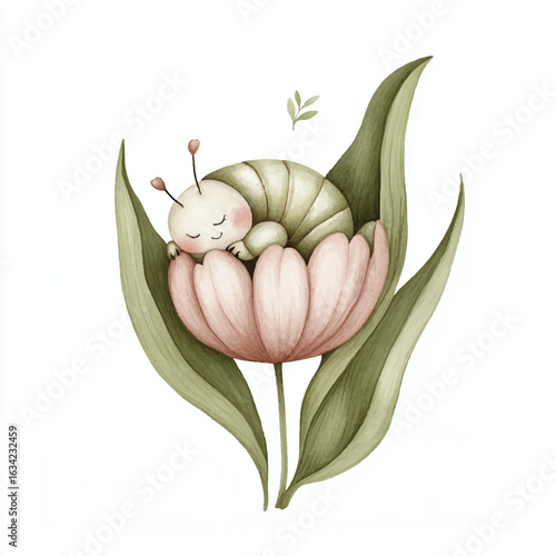 a cute caterpillar sleeping inside a blooming tulip