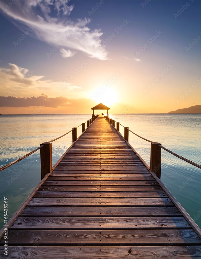 Obraz premium Wooden pier extending to ocean sunset