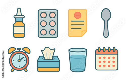 Kids' Allergy Schedule Icons. Flat vector mini-illustrations allergy medicine schedule in colors children's
