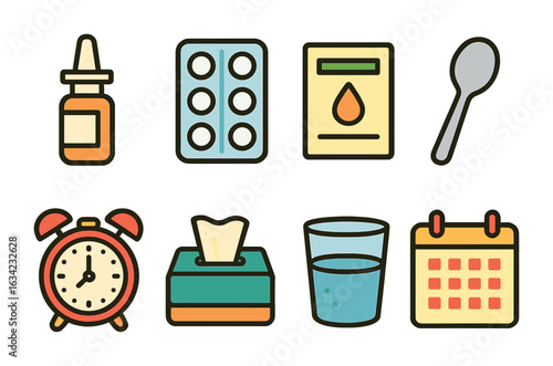 Kids' Allergy Schedule Icons. Flat vector mini-illustrations allergy medicine schedule in colors children's