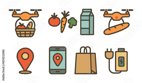 Grocery Drone Icons. Flat vector mini-illustrations grocery delivery drones in colors children's illustrations