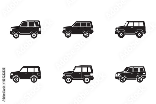 Set of black SUV car silhouette illustrations on a white background off road vehicle designs automotive industry and transportation concept