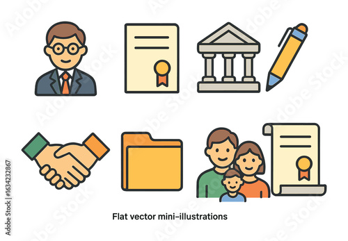 Legal Icons for Kids. Flat vector mini-illustrations legal advice for wills in colors children's illustrations