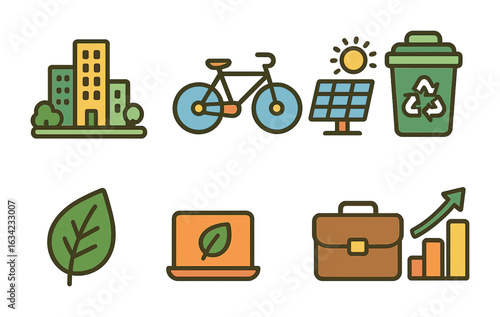 Urban Sustainability Icons. Flat vector mini-illustrations urban sustainability jobs in colors children's