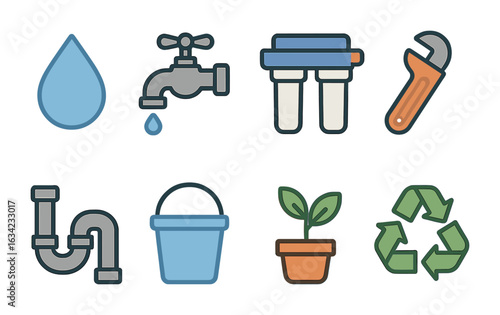 Water and Sanitation Icons. Flat vector mini-illustrations clean water and sanitation jobs in colors