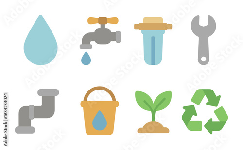 Water and Sanitation Icons. Flat vector mini-illustrations clean water and sanitation jobs in colors
