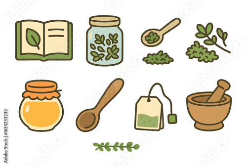 DIY Herbal Remedies Icons. Flat vector mini-illustrations DIY herbal medicine recipes in colors children's