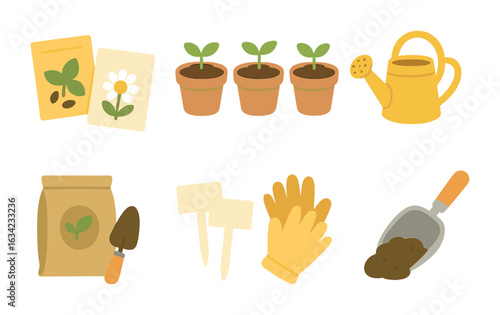 Herb Gardening Icons. Flat vector mini-illustrations planting herbal seeds in colors children's illustrations:
