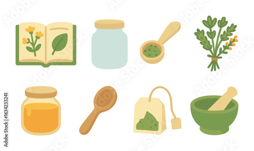 DIY Herbal Remedies Icons. Flat vector mini-illustrations DIY herbal medicine recipes in colors children's