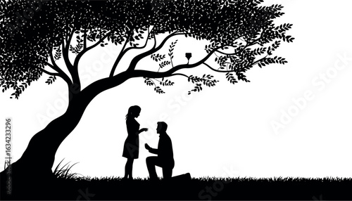 A silhouette of a couple in love walking through a park at sunset