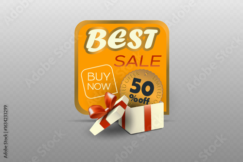 Best sale banner with gift box and buy now button.