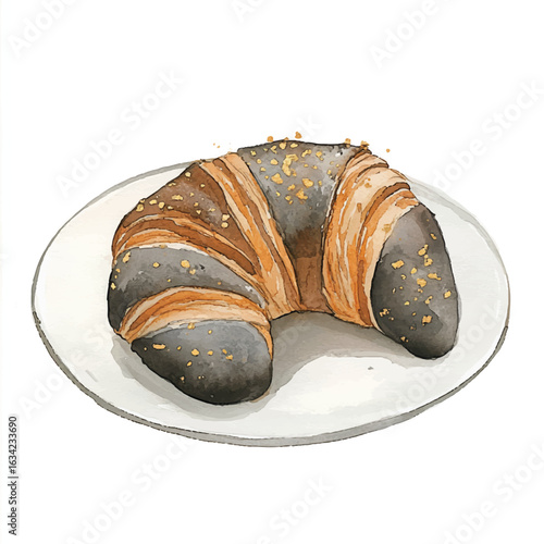 a cute Charcoal croissant with gold dust topping on it