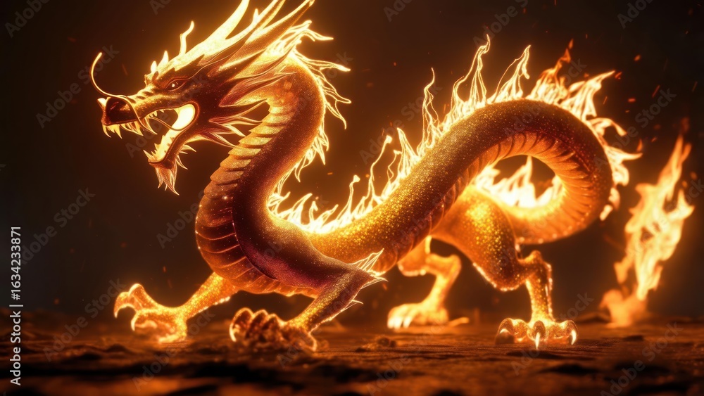 Obraz premium Fiery Golden Dragon: 3D Render of Mythical Creature in Dramatic Lighting