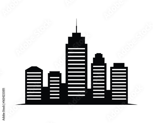 Black silhouette of a city skyline with tall buildings