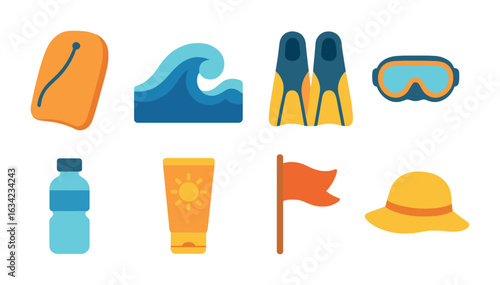 Children's Beach Adventure. Flat vector mini-illustrations boogie boarding in colors children's illustrations: