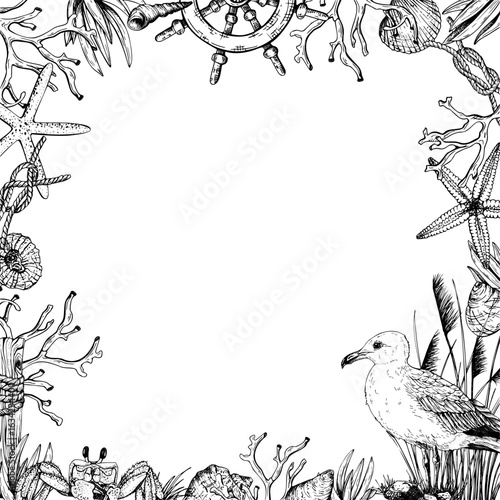 Marine themed frame with hand drawn sea elements as a ship wheel, starfish, seagull, coral, shells, crab, and grasses. Vector illustration. Ideal for beach invitations or nautical designs.