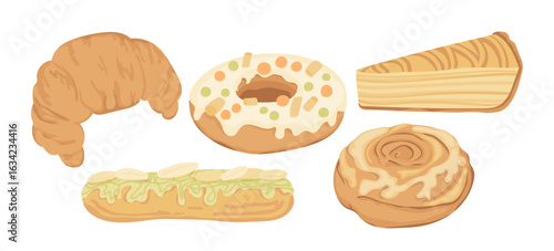Fresh pastries set of vector stickers in flat style. Donut, croissant, cinnamon roll, pie, eclair illustration collection.