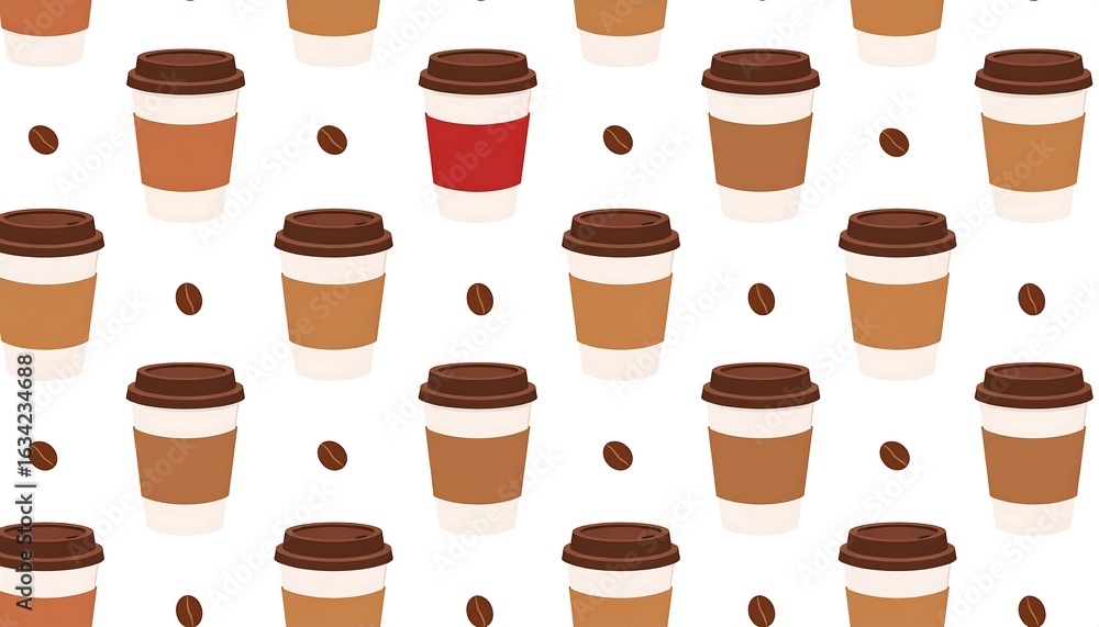 Seamless Coffee Pattern with Disposable Cups and Beans for Background Designs Seamless Coffee Pattern with Disposable Cups and Beans for Background Designs