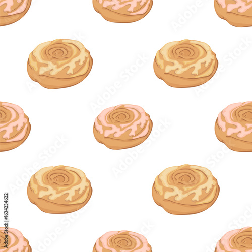 Cinnamon roll seamless vector pattern. Cute fresh pastries print for textile, fabric, wrapping paper. Delicate illustration in flat style.