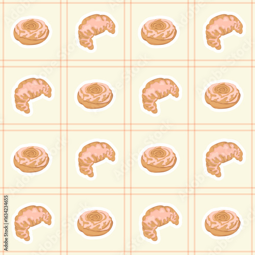 Fresh croissants and cinnamon rolls seamless vector pattern. Cute fresh pastries print for textile, fabric, wrapping paper. Delicate illustration in flat style.