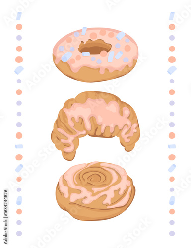 Fresh croissants and donuts vector card. Cute fresh pastries illustration in flat style.
