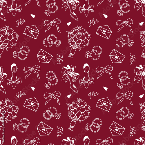 Wedding seamless pattern with line icons on red background. Wedding illustrations seamless pattern. Pattern with Wedding rings, bridal bouquet, bows. Background for weddings, valentines day, love