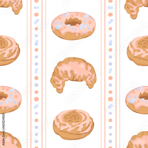 Fresh croissants and donuts seamless vector pattern. Cute fresh pastries print for textile, fabric, wrapping paper. Delicate illustration in flat style.