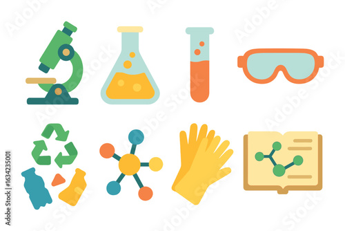 Recycling Science Icons. Flat vector mini-illustrations recycling laboratory research in colors children's